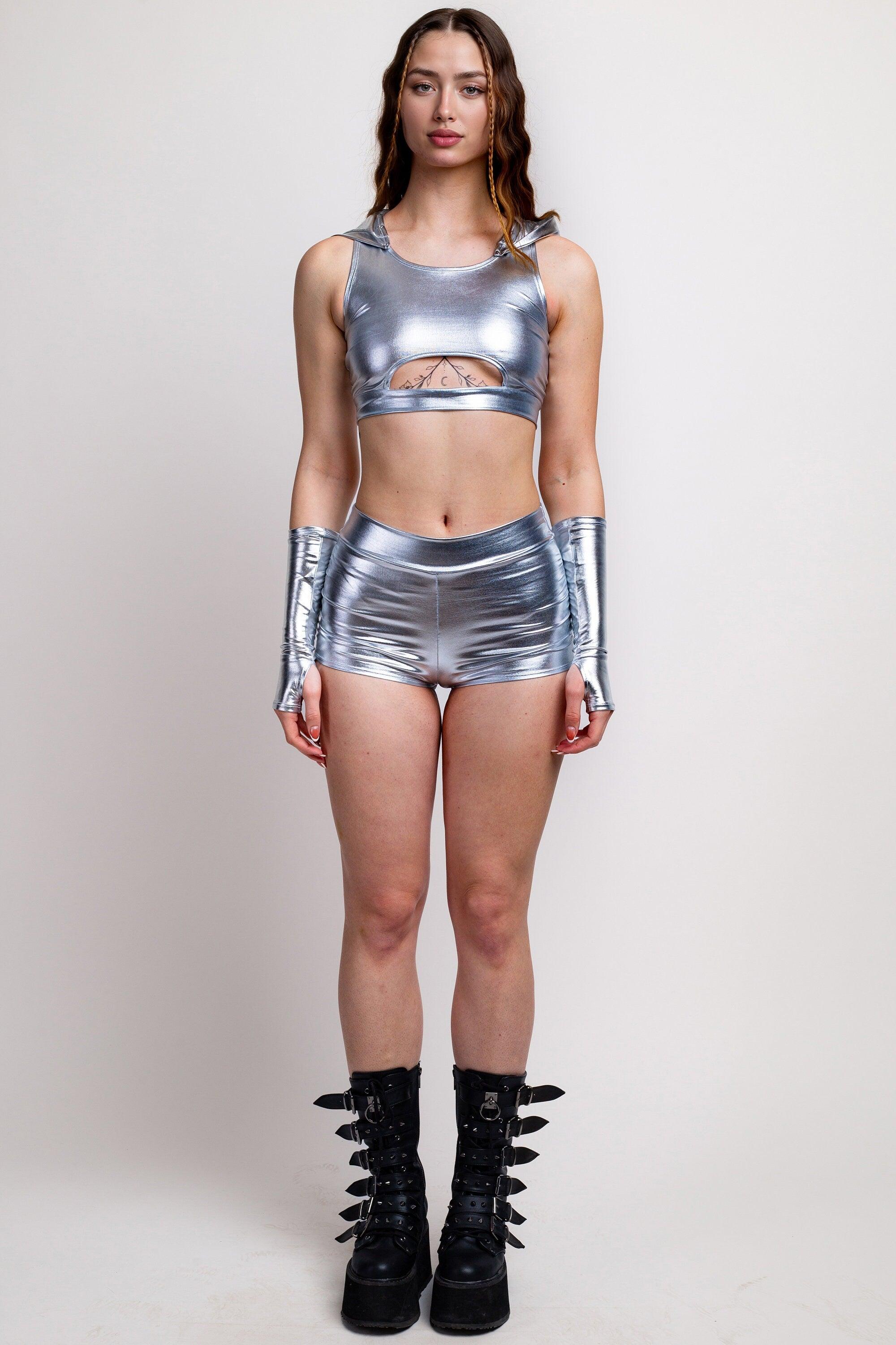 Metallic Silver Ruched High Waist Shorts