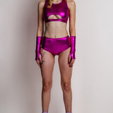 Metallic Magenta Cut HW Ruched Shorts